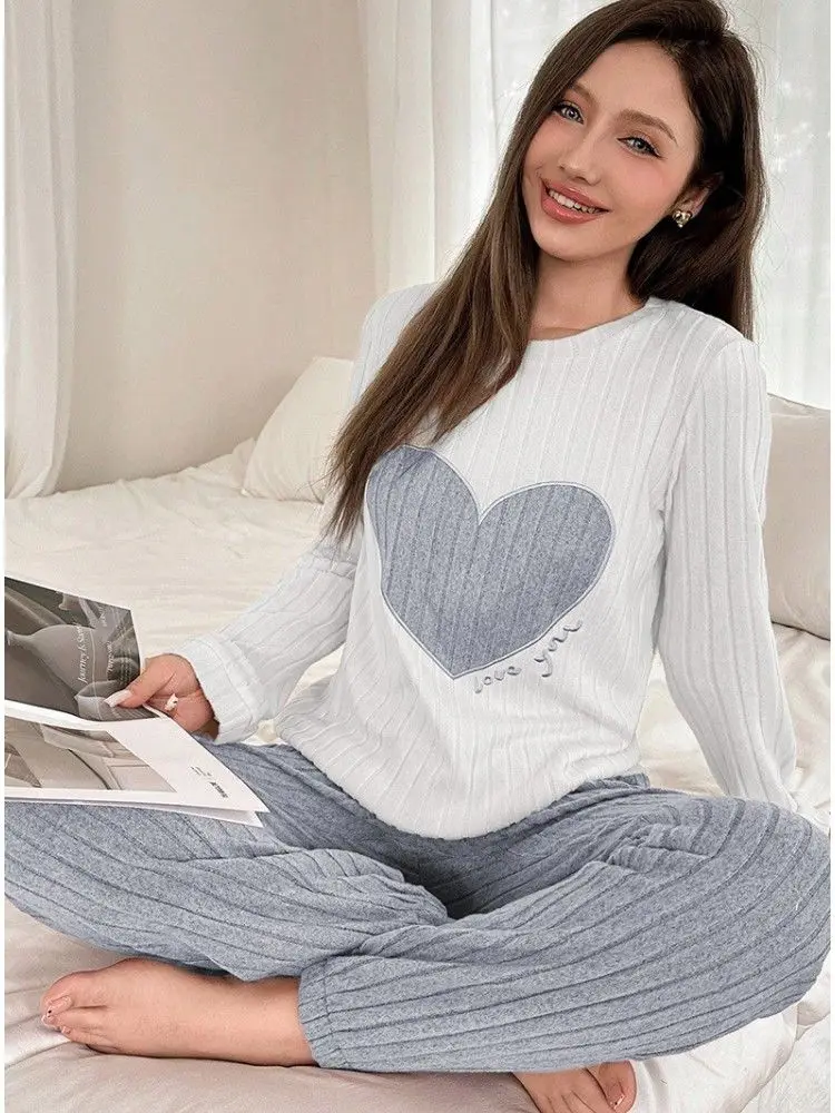 Autumn Winter Sleepwear Women Pajamas Set Casual Heart Printed Long Sleeve Tops and Trouses Sets Homewear Loungewear