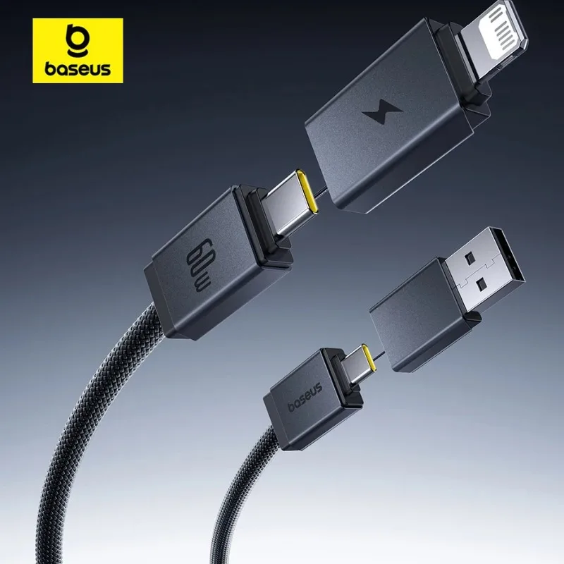 Baseus 4 in 1 USB Cable For iPhone 15 16 Promax 60W Fast Charging Cable For ipad Pro Laptops Type C Cable for Xiaomi Samsung