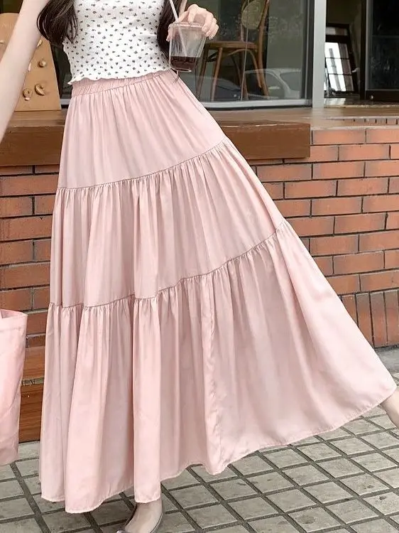 Letnia Nowa Elegancka Spódnica w Kształcie Litery A Damska Słodka Odmładzająca Wyszczuplająca Talia Warstwowa Plus Size Poliestrowa Spódnica