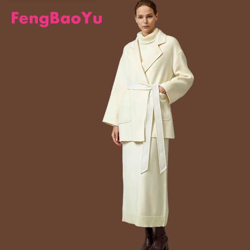 

Элегантное модное зимнее пальто Fengbaoyu: роскошное двустороннее женское короткое пальто из 70% кашемира и 30% шерсти с поясом