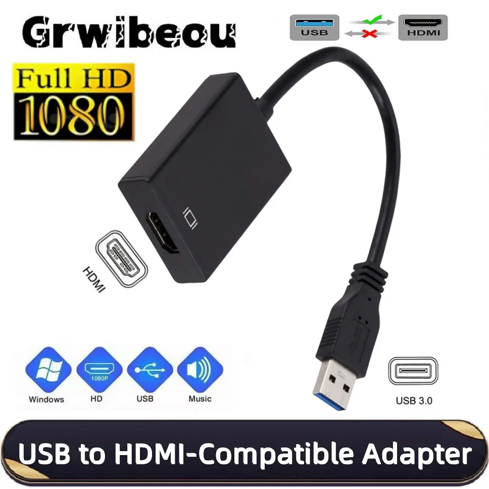 GRWIBEOU HD 1080P USB 3.0 to HDMI-Compatible Converter Audio Video Adapter for PC Laptop Projector HDTV Windows Portable Cable