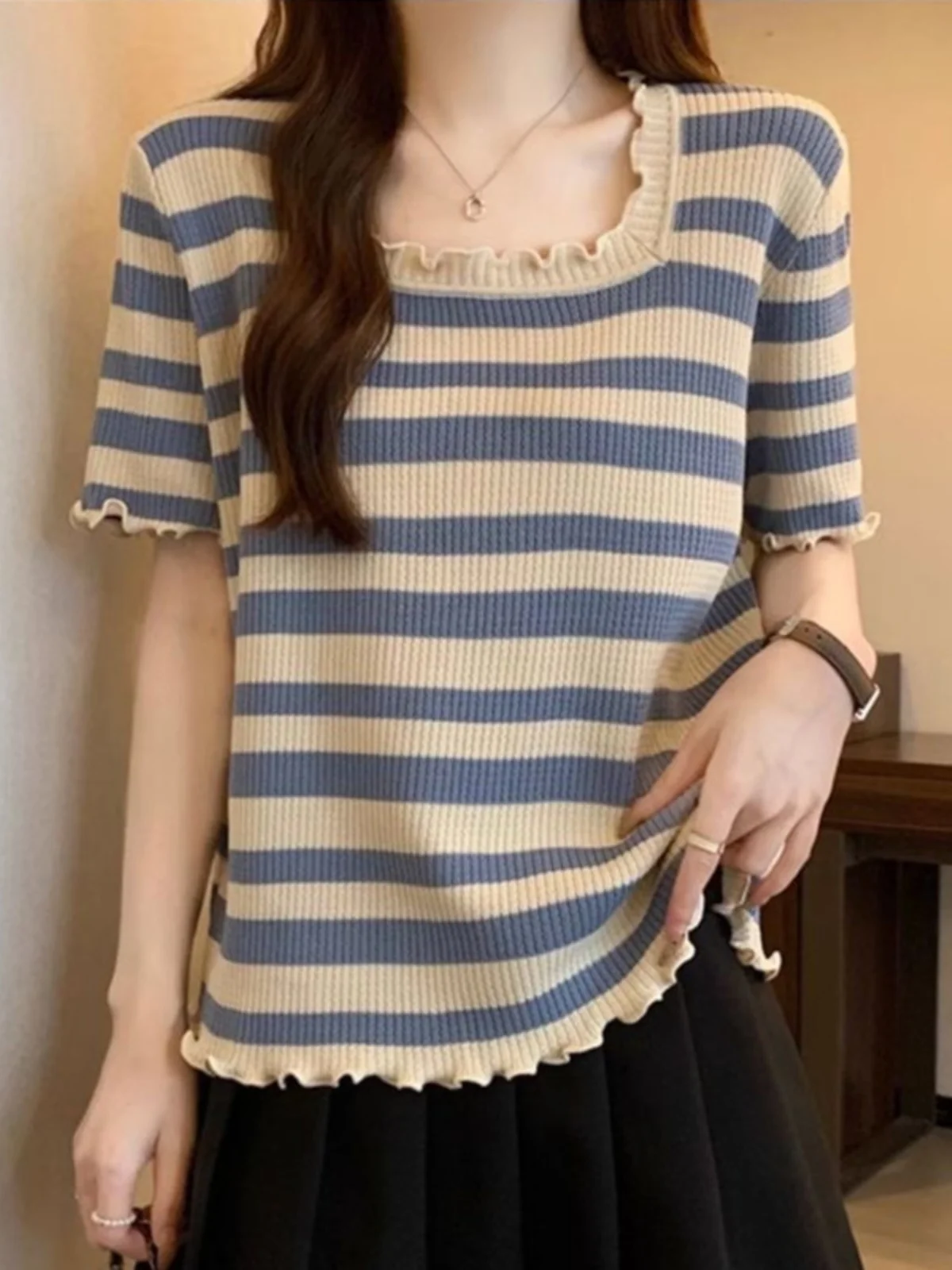 حجم كبير المرأة تي شيرت الحرير الجليد ort Sve محبوك فضفاض صالح ساحة طوق الصيف التخسيس مخطط الكورية Sle