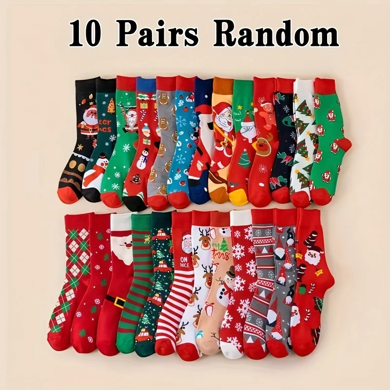 10Pairs Random Color Christmas Crew Socks, Cartoon Santa Claus Pattern Fashion Casual Unisex Mid‑Calf Socks for Men Women Holida