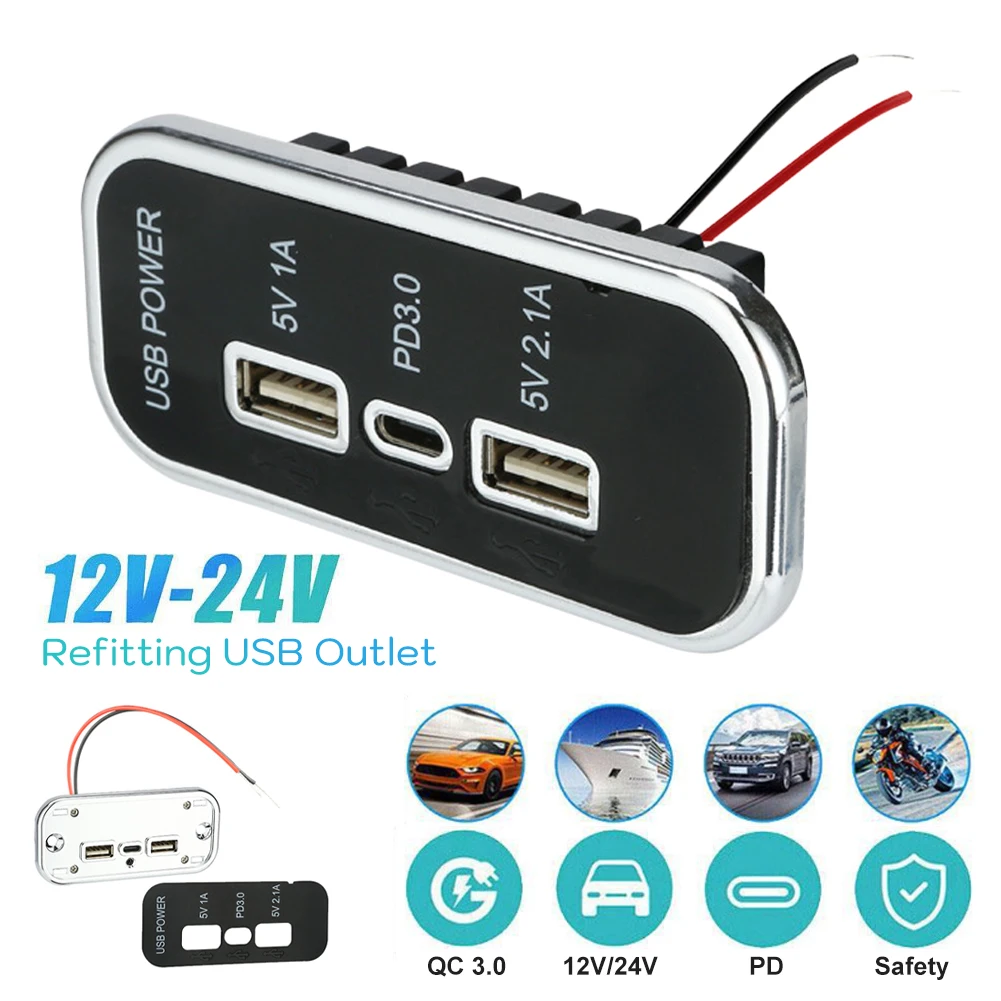 Toma de corriente USB de 12V y 24V 3 puertos cargador rápido USB PD tipo C adaptador de toma de corriente para RV, barco marino autocaravana