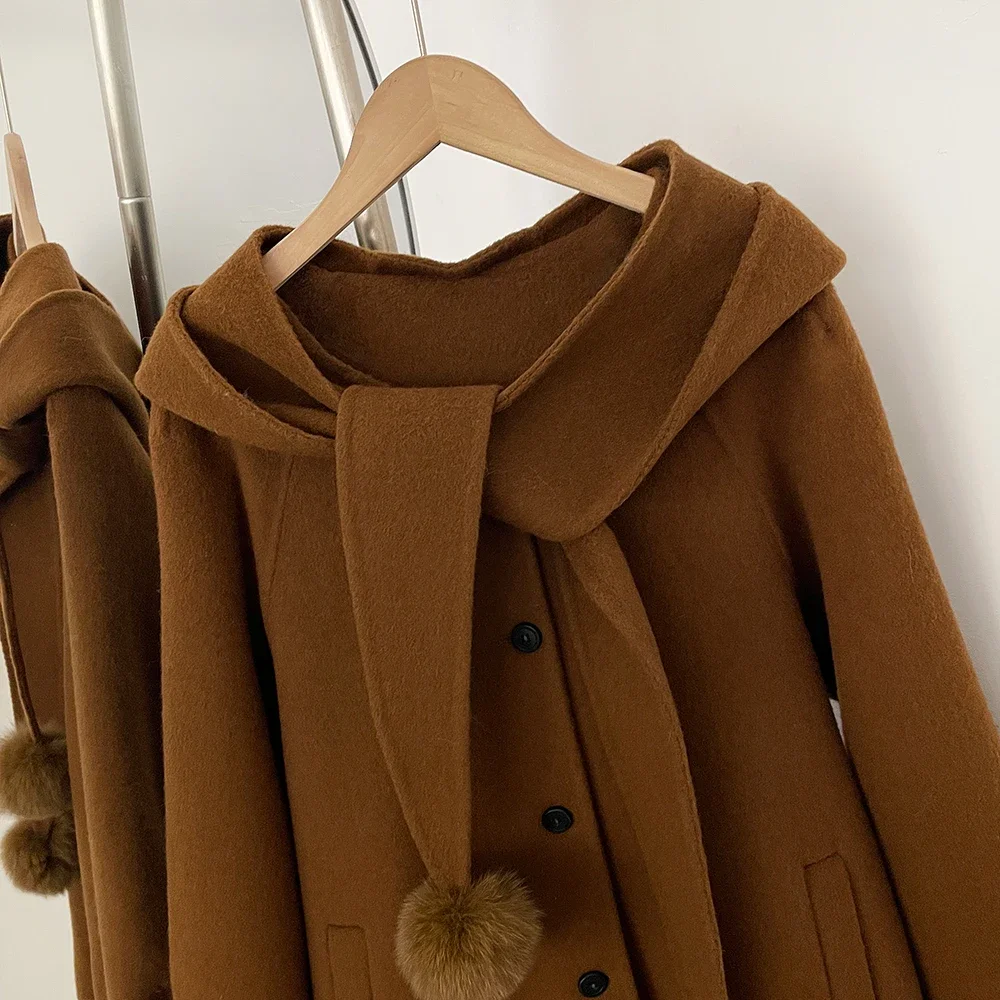 OFTBUY Langer, einreihiger, warmer, eleganter Wollmantel für Damen, Winter 2025, neuer Damen-Wollmantel mit Kapuze und Pelzbommel-Details. – Detail 13