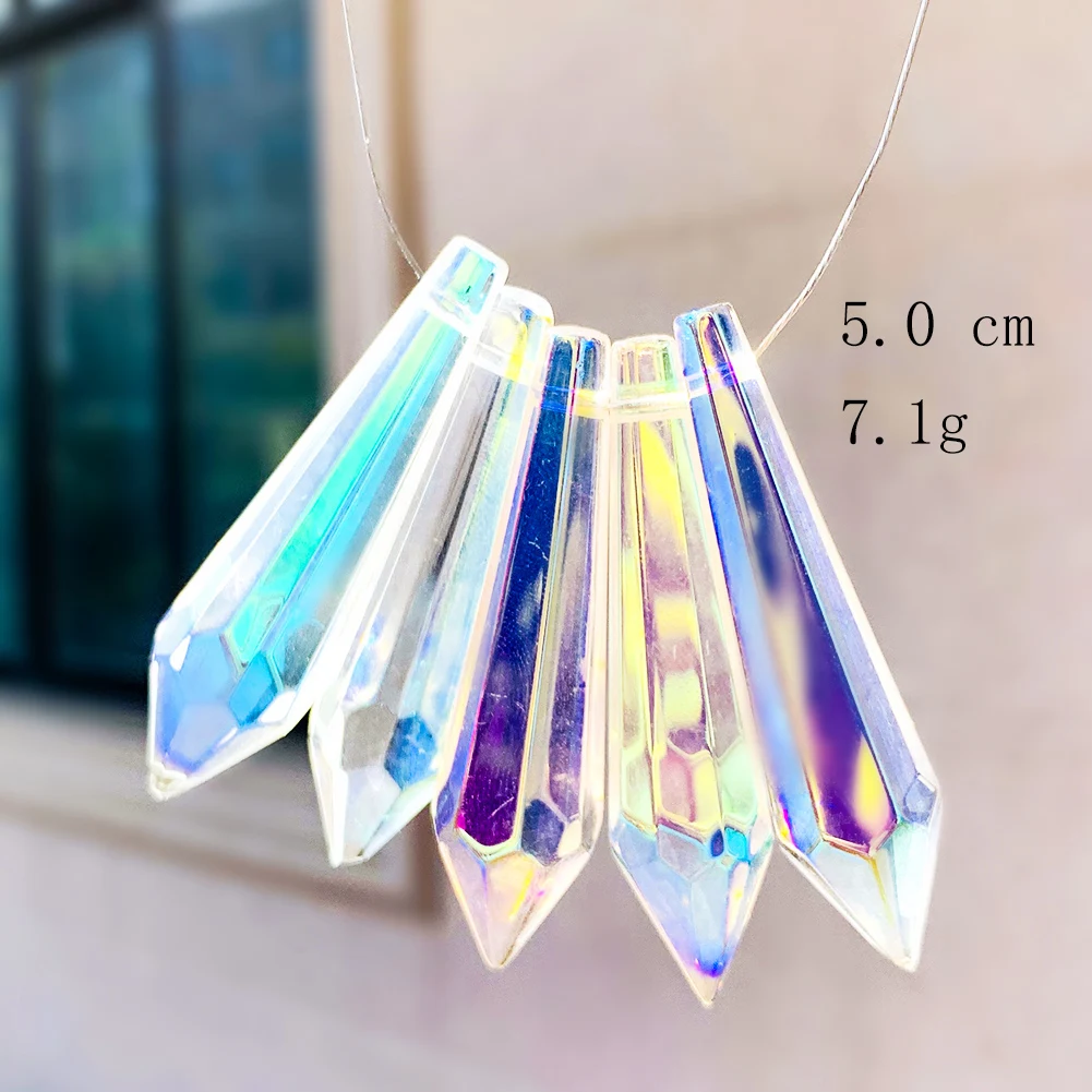 5PC Single Pointed Hexagonal Prism Columnar Aurora Crystal Sparkling Streamer Suncatcher Ceiling Chandelier Part XMAS Tree Decor