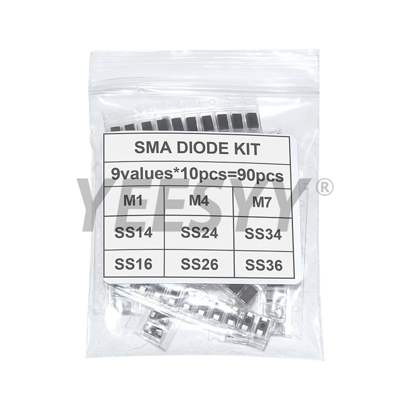 90PCS Rectifier Diode 1N4007 1N4001 1N4004 SS16 SS26 SS36 SS14 SS24 SS34 SMD Schottky Diode Assort Kit