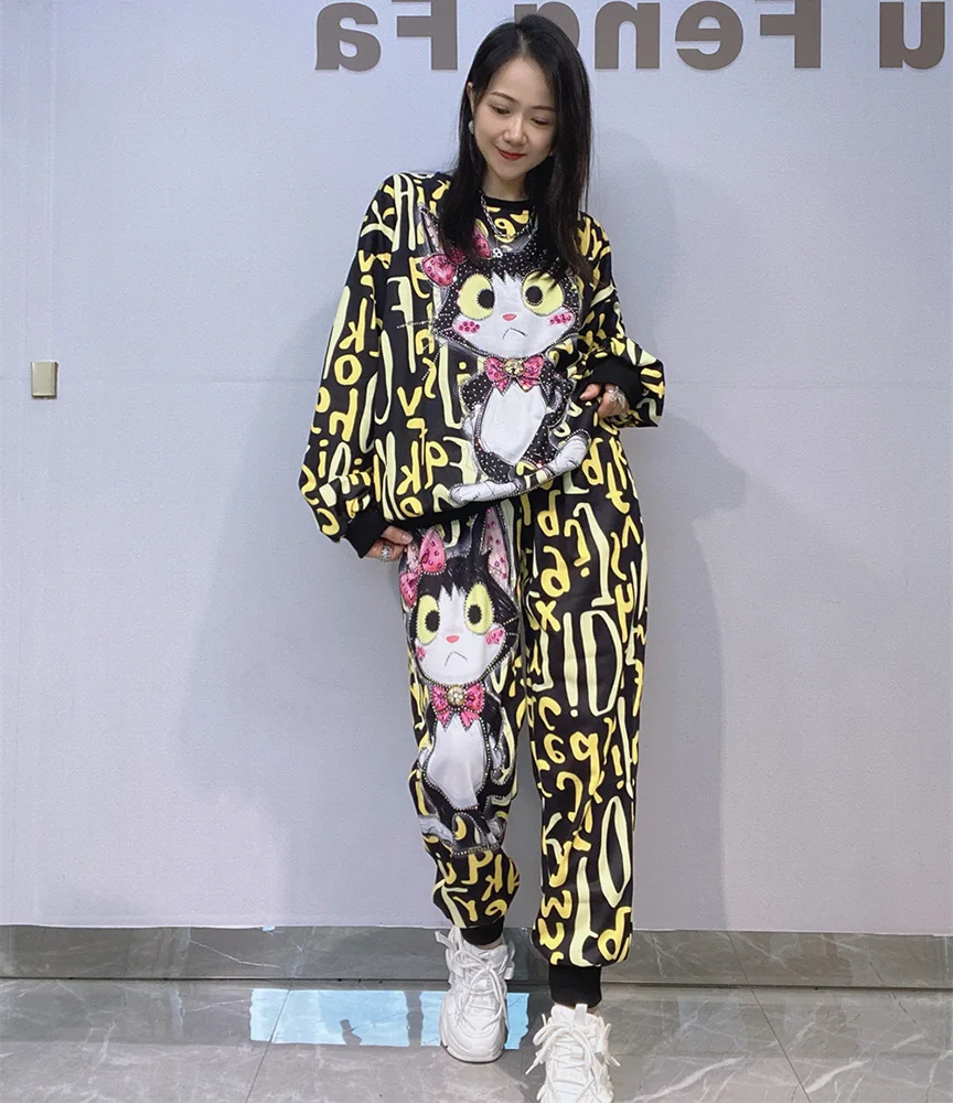 Engraçado gato impressão conjuntos de calças de grandes dimensões mulher 2 peças moda coreana pulôver o pescoço manga longa sweatershirts conjuntos de correspondência 2025