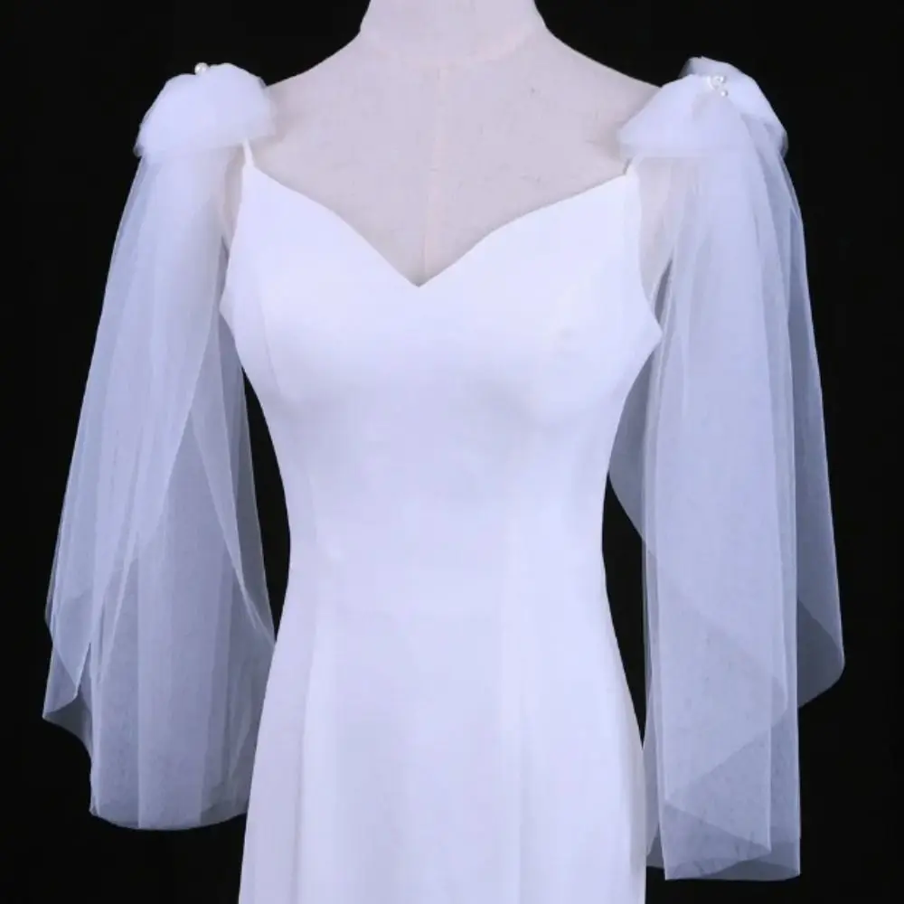 

1 пара плиссированных тюлевых свадебных платьев для невесты, шаль, золотая марля, блестящий бант, прозрачная шаль, свадебные аксессуары, жемчуг