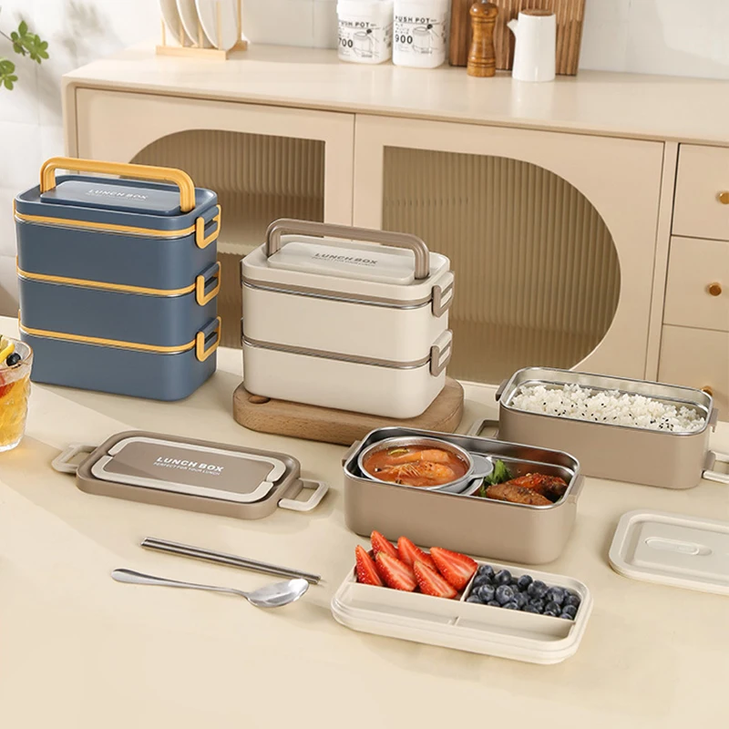 Insulated 304 Stainless Steel Lunch Box 3-layer Portable Divided Food Meal Storage Containers Thermal Bento Box with Cutlery