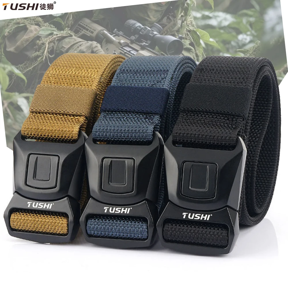 TUSHI New Elastic Belt For Men Military Belt Alloy Quick Release Pluggable Buckle Strong Nylon Tactical Belt Male Accessories