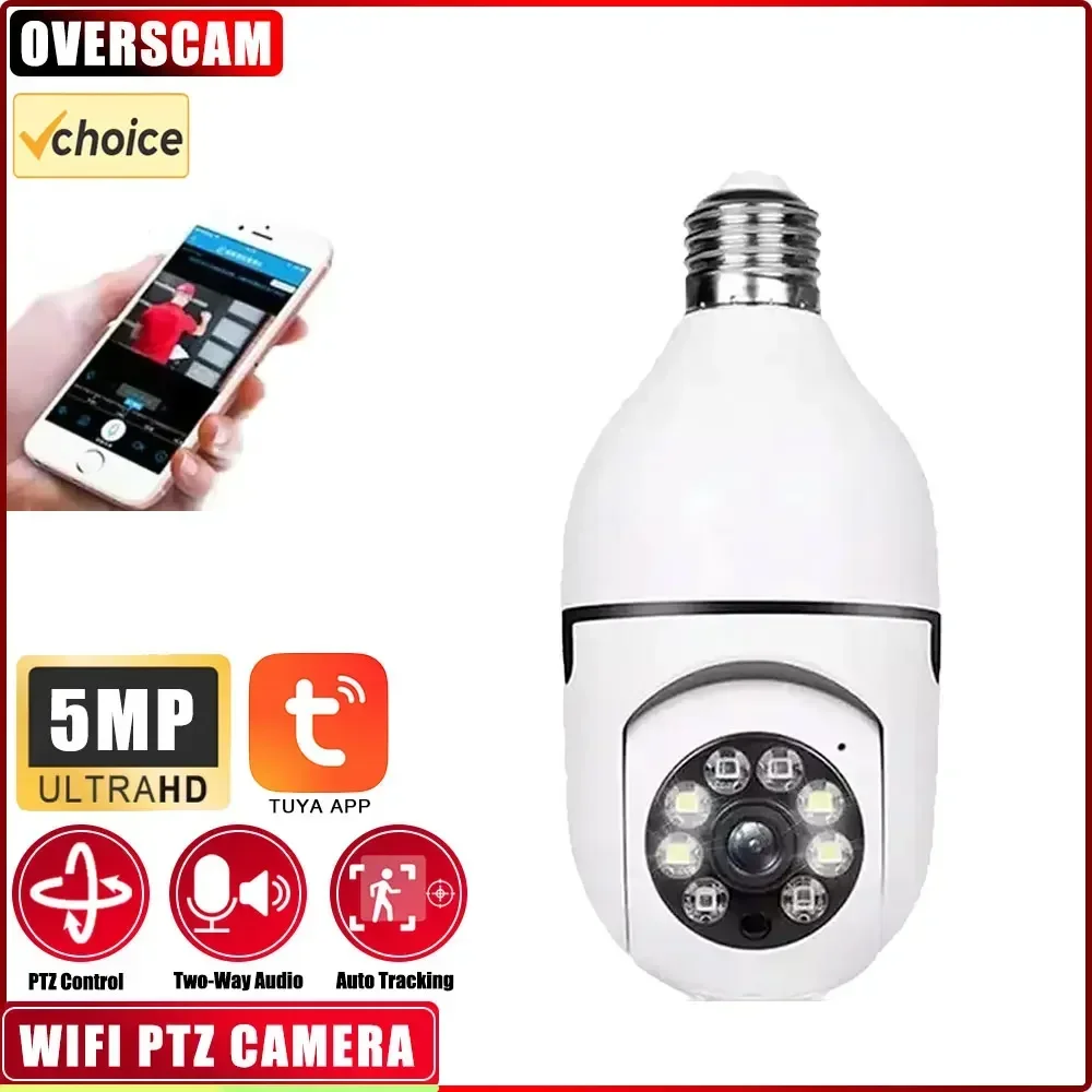 

5MP TUYA Color Night Vision Wireless Wifi Camera Smart Security Camera 360 Rotate Wifi IP PTZ Light Bulb Camera For Outdoor Home