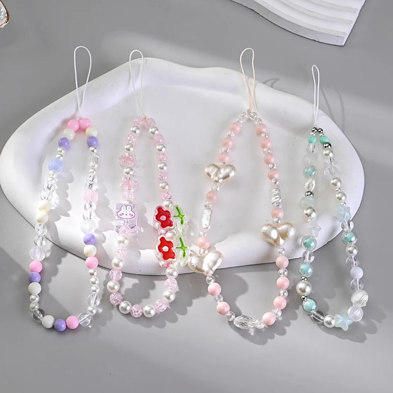 Creative Cartoon Acrylic Mobile Phone Chain Women Girl Anti-Drop Telephone Lanyard Strap Heart Flower Cellphone Rope Jewelry