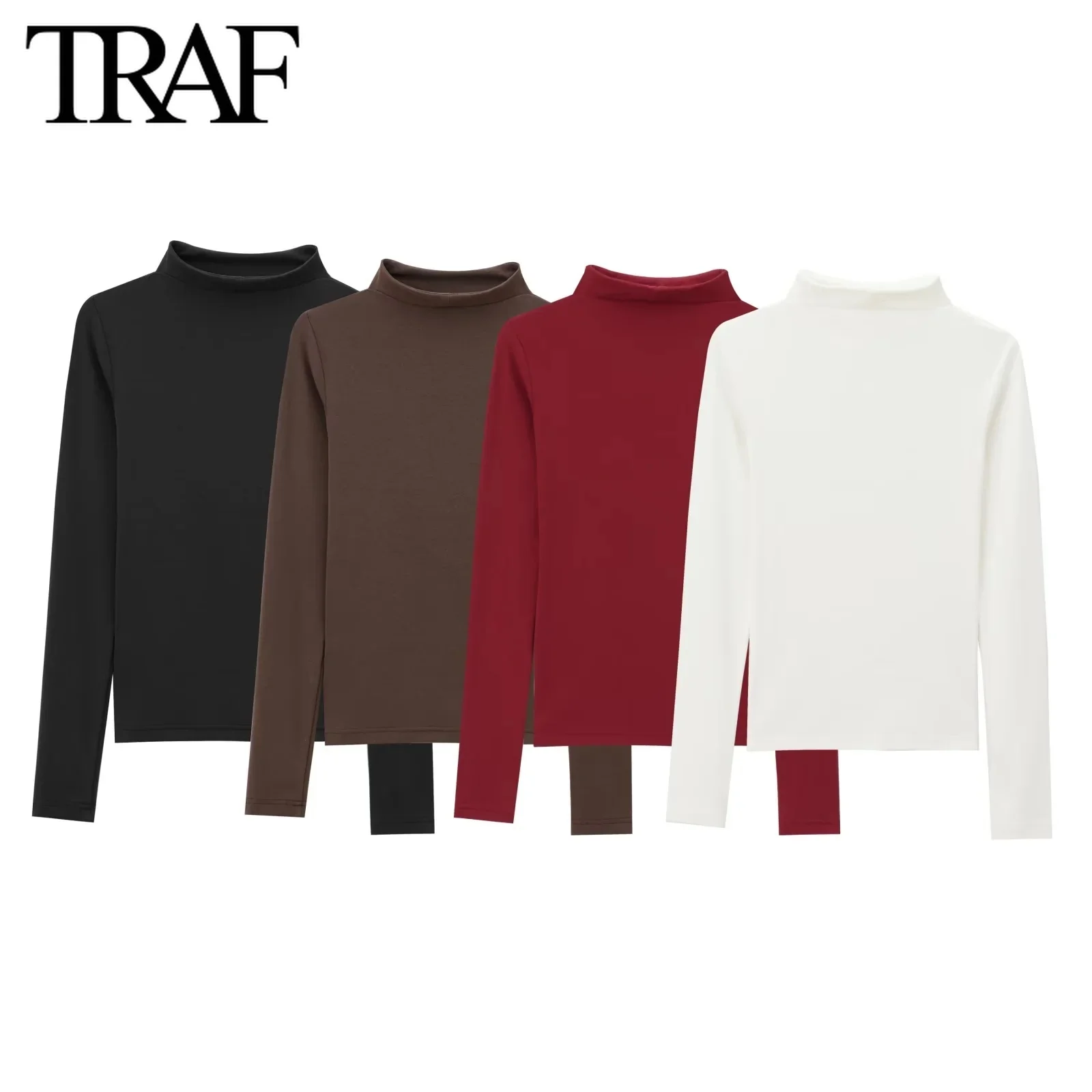 TRAF-camisetas básicas blancas para mujer, camiseta ajustada de manga larga, jersey de cuello alto, Top elegante para mujer 2024