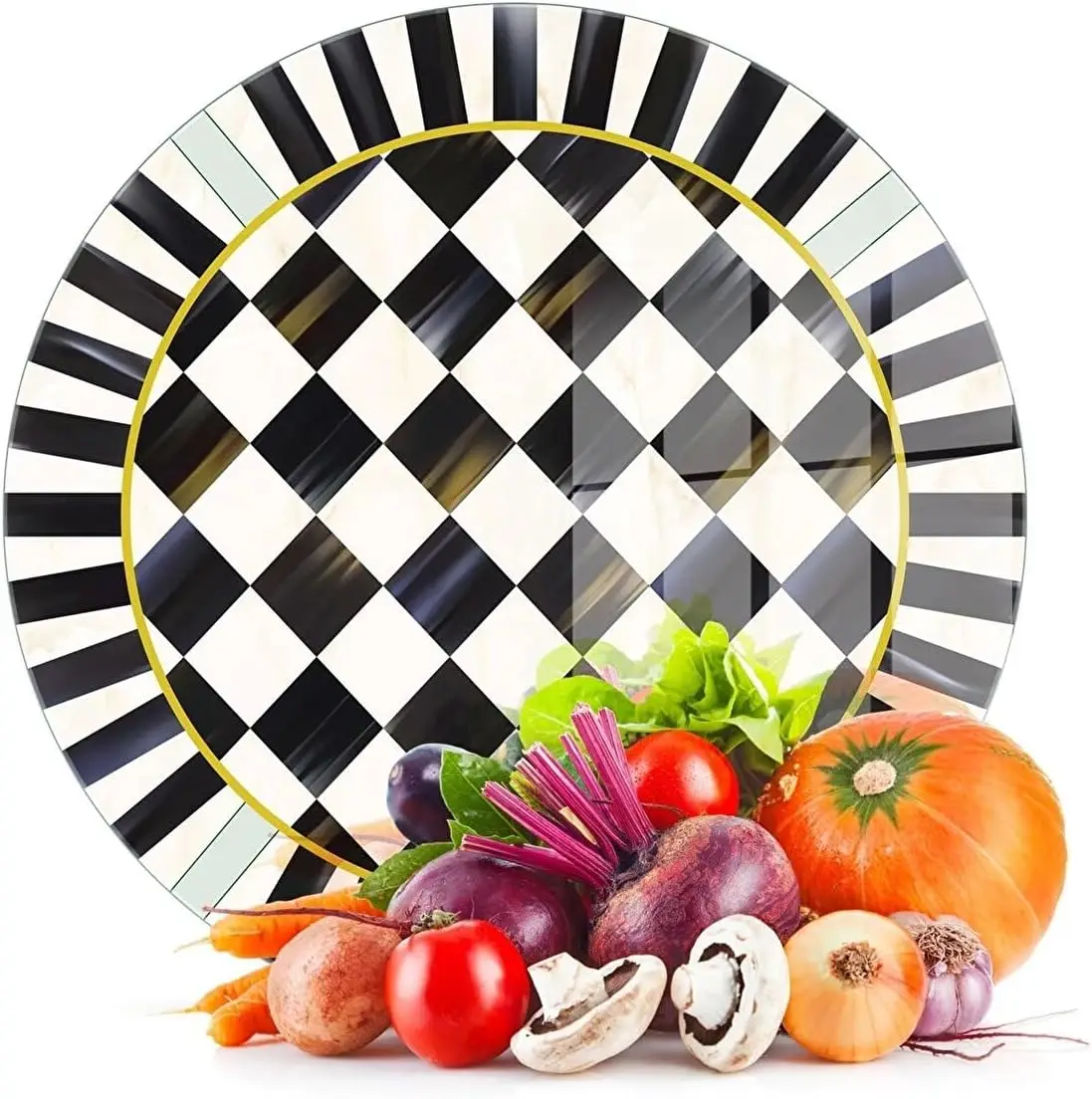

MacKenzie Checkered Glass Cutting Board and Serving Tray - Square Tempered Glass Kitchen Surface for Food Preparation Bl