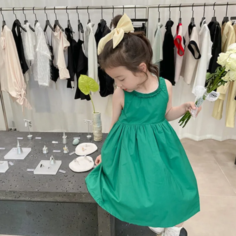 Kids Clothes Green Dress Girls Sweet Princess Green Sleeveless Beautiful Dress Children\'s Dress