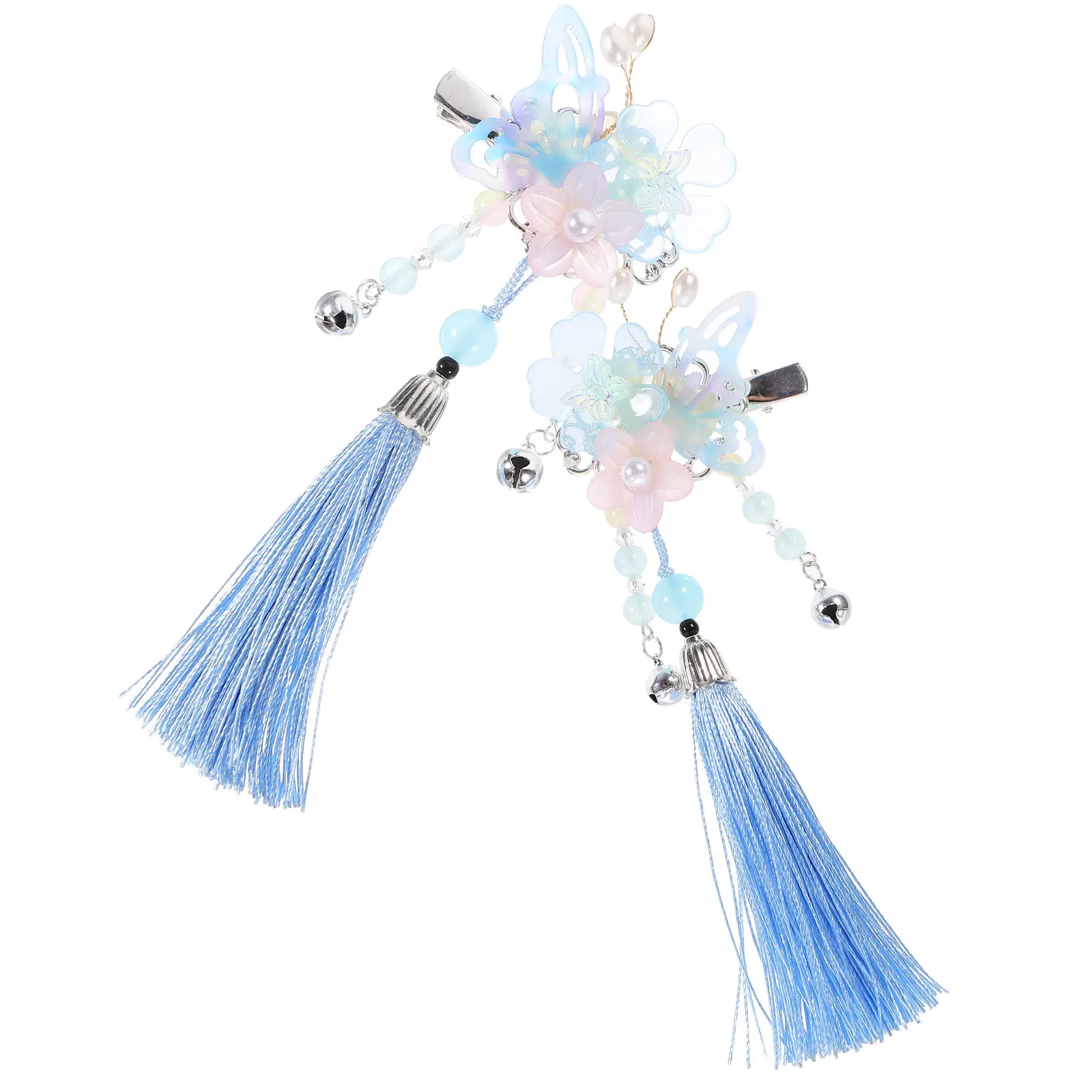 

1Pair Ancient Chinese Style Butterfly Hair Clips for Hanfu Alloy Plastic Nylon Tassel Flower Barrettes for Women Teen Girls