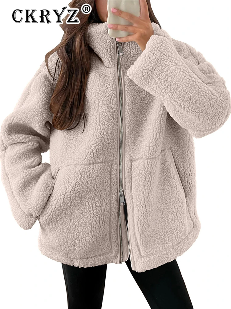 Ckryz Winter 2026 New Fashion Oversize Wool Blend Fall Coat Women Sherpa Jacket Warm Outfits Casual Daily Vintage