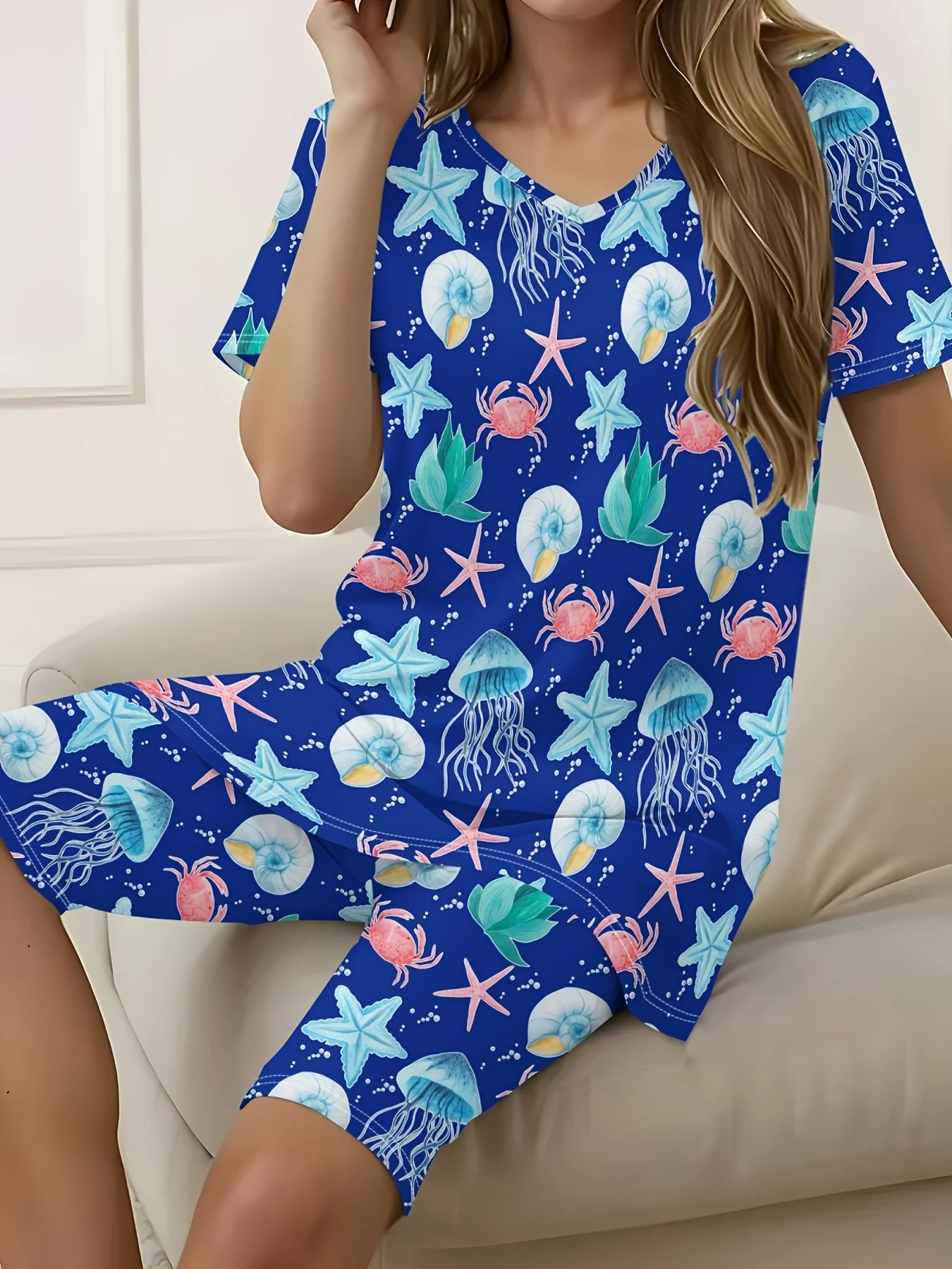 

Printed Design spring and summer seasons Starfish Jellyfish Crab Seashell Coral casual style short sleeve set