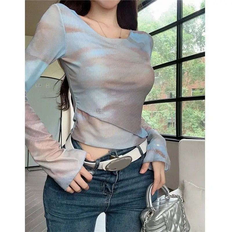 Y2K Womens Summer T Shirt Pure Desire Chic American Mesh Sweet Spicy Girl Thin Tie Dye Sunscreen Top