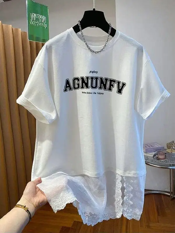 plus Size 300 Pounds Sister Stylish Ageless Mesh Splice Short Sleeve T Shirt Women Summer mid Length Butt Covering Top