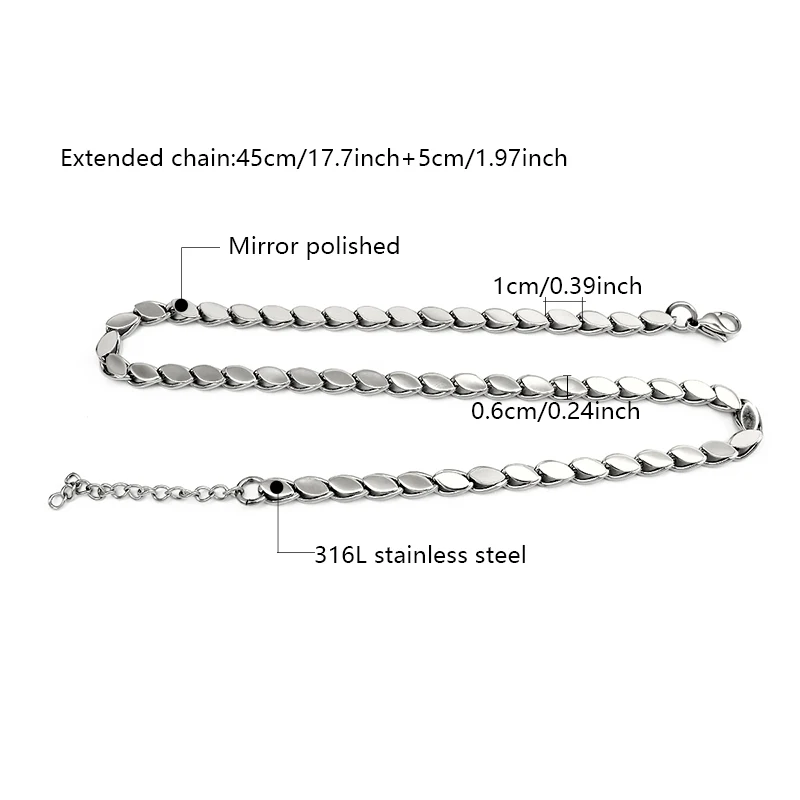 Mirror Polished Oval Leaf Link Necklace Stainless Steel Silver Tone Slim Mariner Chain Unisex Daily Wear Fashion Neck Jewelry