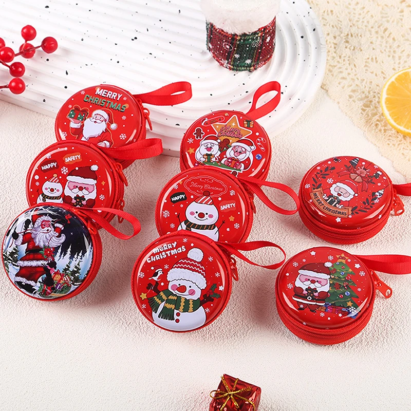 Christmas Pattern Tinplate Coin Wallet Creative Round Square Candy Earphone Storage Women's Bag Pendant Gift