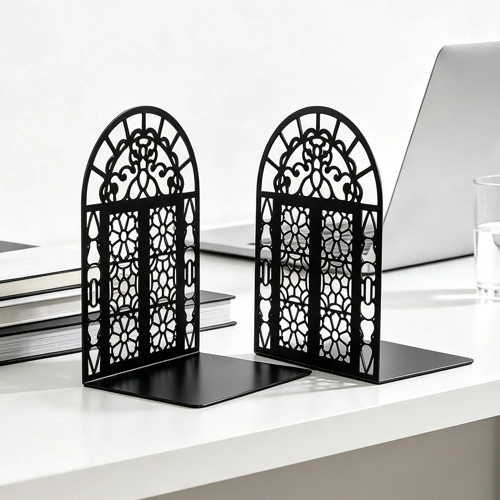 Vintage Metal Bookends Set Gothic Arch Window Design Book Stand Holder Decorative Hollow Iron Bookends for Bookshelf Office Home