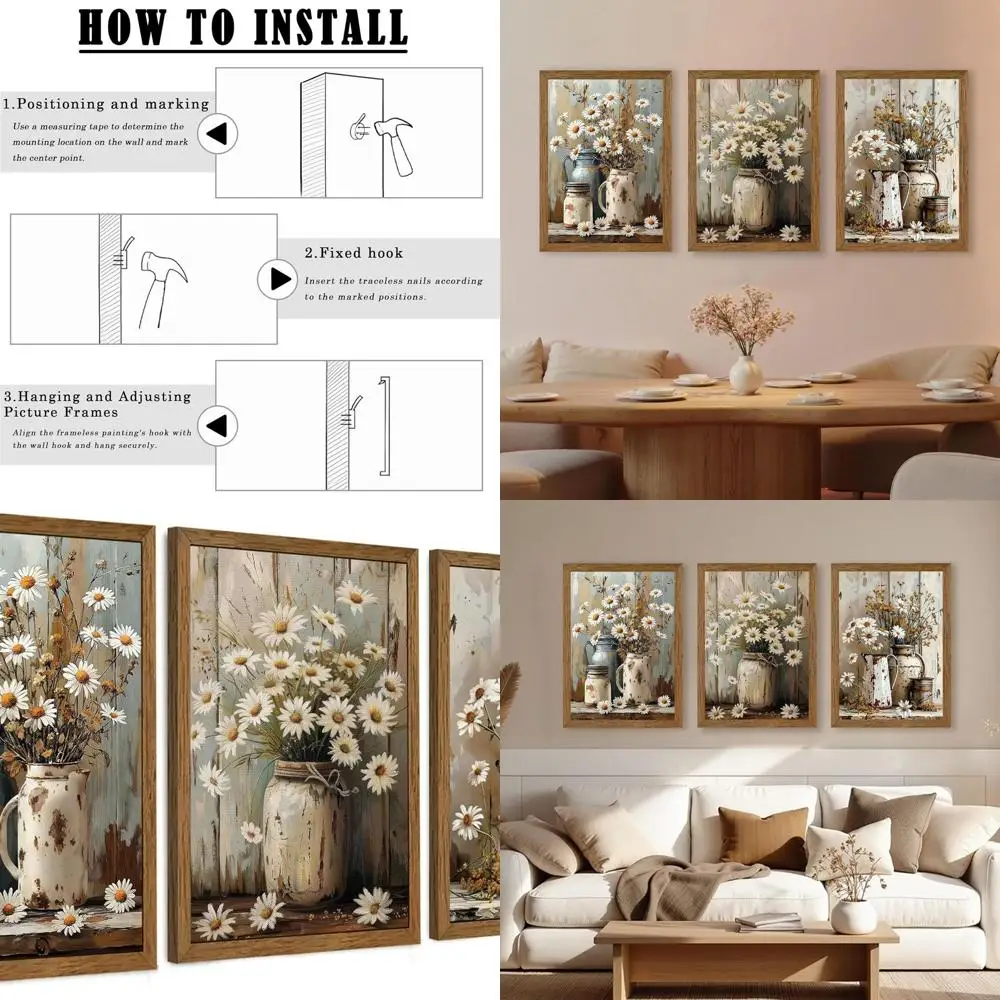 

Элегантный винтажный холст с цветочным принтом, настенный декор фермерского дома из 3 предметов, принты ромашек для дома, в рамке 16x24 дюйма