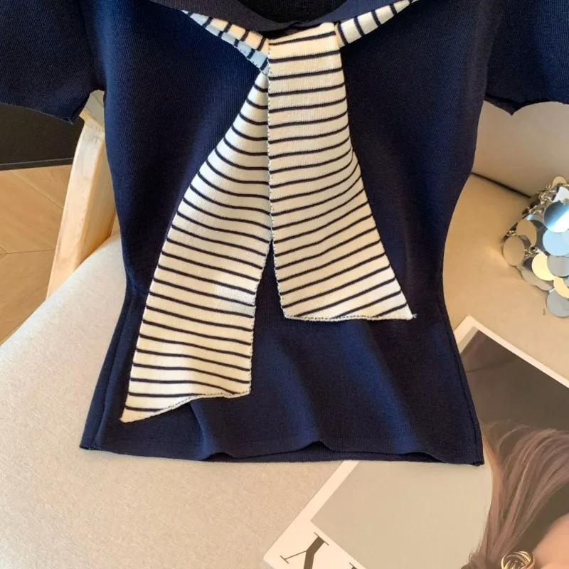 ストライプ柄ストリーマー半袖ニットセーター レディース 2025年夏新作 スリムフィット 無地 フェイクツーピース プルオーバートップス