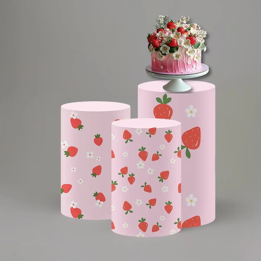 Juego de 3, cubierta de cilindro de LICRA con temática de fresa para decoración de mesa de postre, fiesta de cumpleaños, Baby Shower