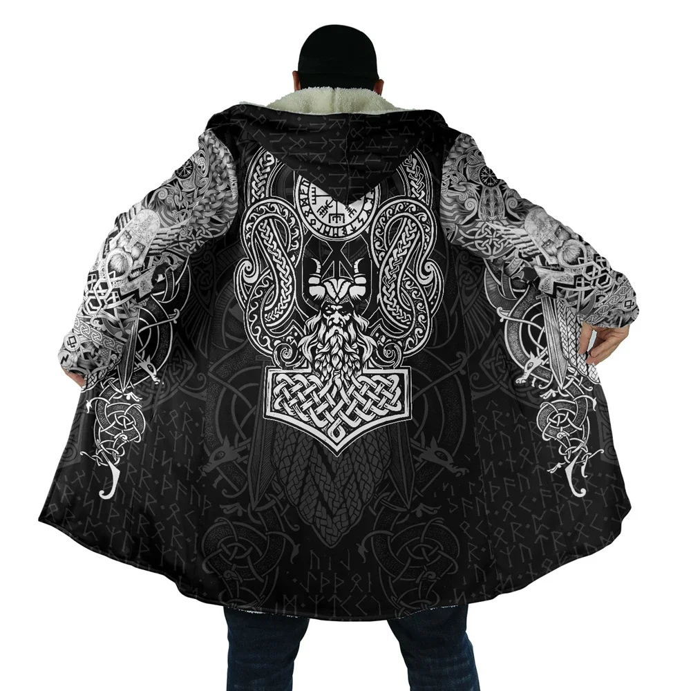 

2023 Winter Mens Cloak Mjolnir Odin Tattoo 3D All Over Printing Fleece Hooded Coat Unisex Casual Thick Warm Cape coat PF64