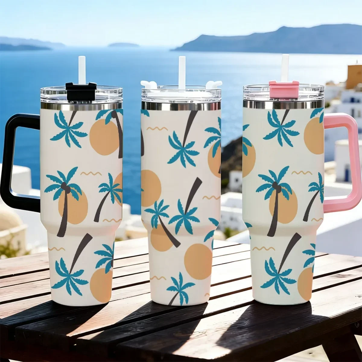 40oz Minimalist Tropical Palm Tree Sun Wave Repeat Print Stainless Steel Tumbler With Handle Straw Lid 24 Hours Cold Insulated Travel Water Cup