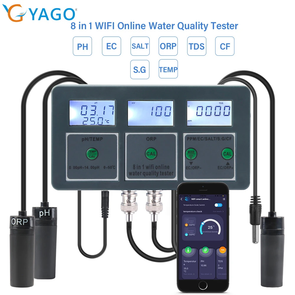 YAGO 8 in 1 WiFi Aquarium Water Quality Tester Smart PH Meter ORP/TDS/EC/SALT/TEMP Monitor for Drinking Water Swimming Pool