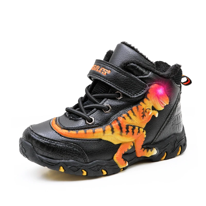 DINO T-REX LED Winter Children Boys Boots Genuine Leather Warm Plush Inside Kids Light Up Eyes Flashing Girls Outdoor Footwear