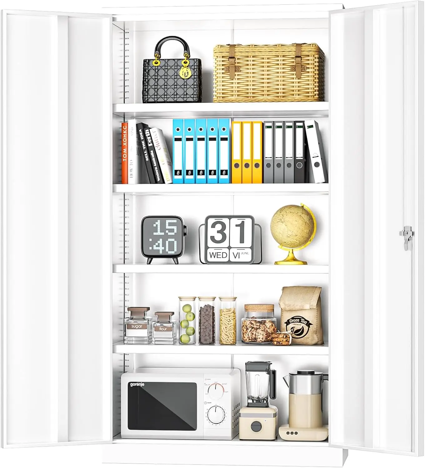 

White Metal Storage Cabinet Doors, 72" Locking Steel Storage Cabinet with Shelves, Tall Metal Cabinet Lockable Steel Cab