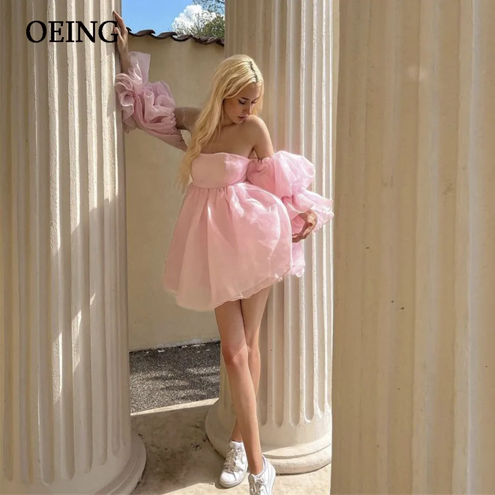 

OEING Fairy Pink Princess Tulle Prom Dresses Puff Sleeves Evening Gowns Mini Length Formal Occasion Dress Vestidos De Noche