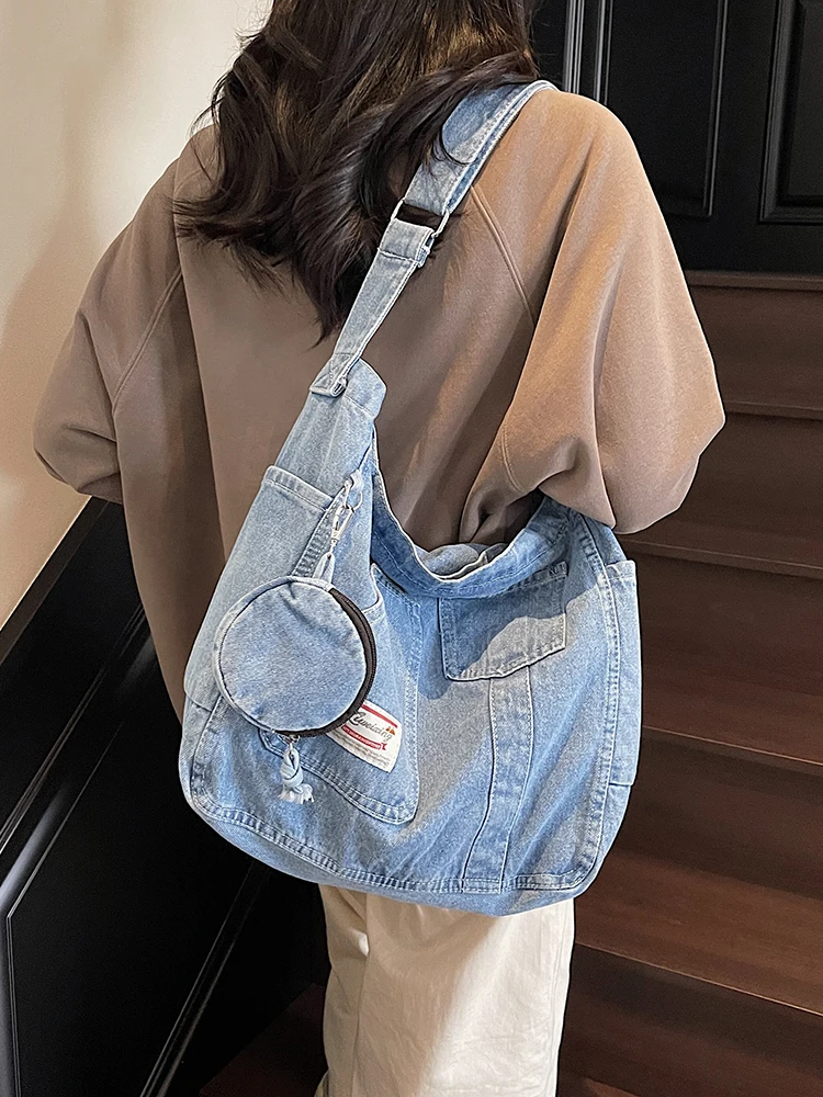

Faionable пригородная джинсовая сумка-тоут, женская летняя универсальная сумка через плечо с широким ремешком, рабочая одежда, большая сумка Capaci