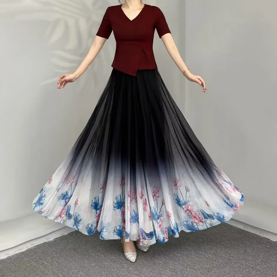 

Длинная шифоновая юбка-клеш для женщин, танцевальная, весенне-летняя, с эластичным поясом, с высокой талией