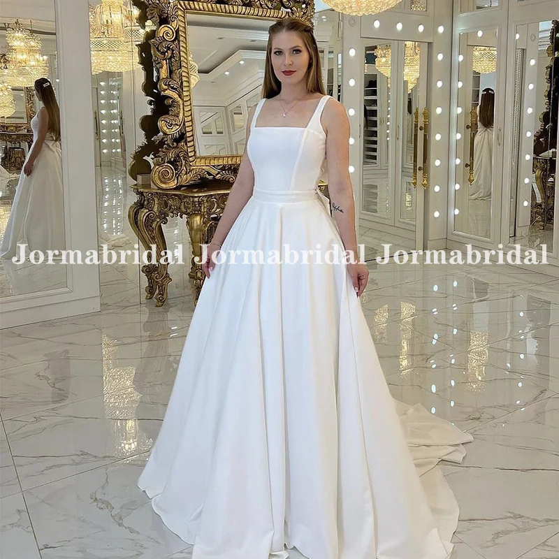 

Square Neck Crepe Ball Gown Wedding Dress with Straps White Ivory Gelinlik Custom Made Church Bridal Gowns Vestido de novia 2024