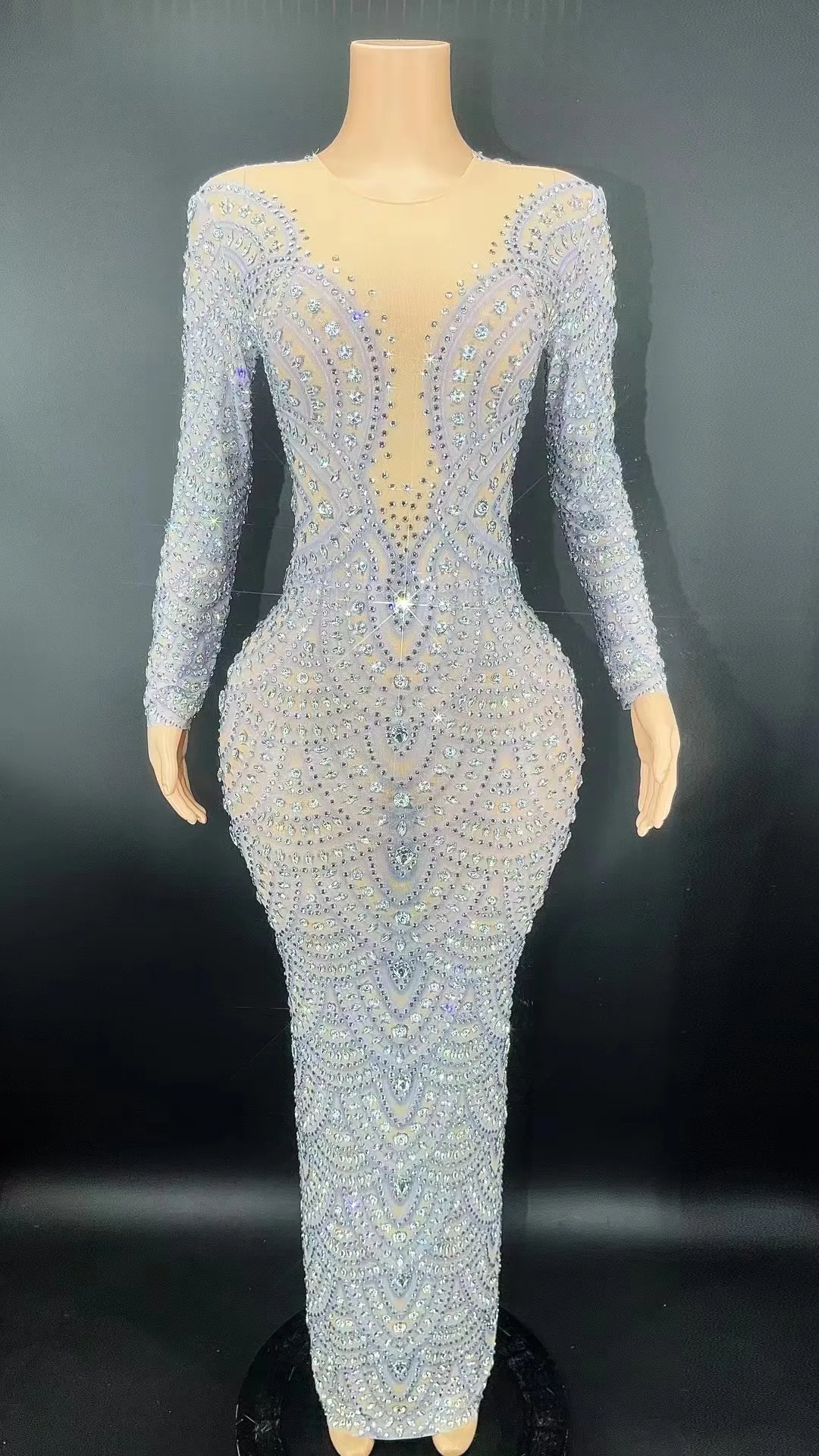 Sexy imprimé strass à manches longues Stretch serré longue robe De soirée robe De Festas robes De Fiesta Brillo robes De mariages