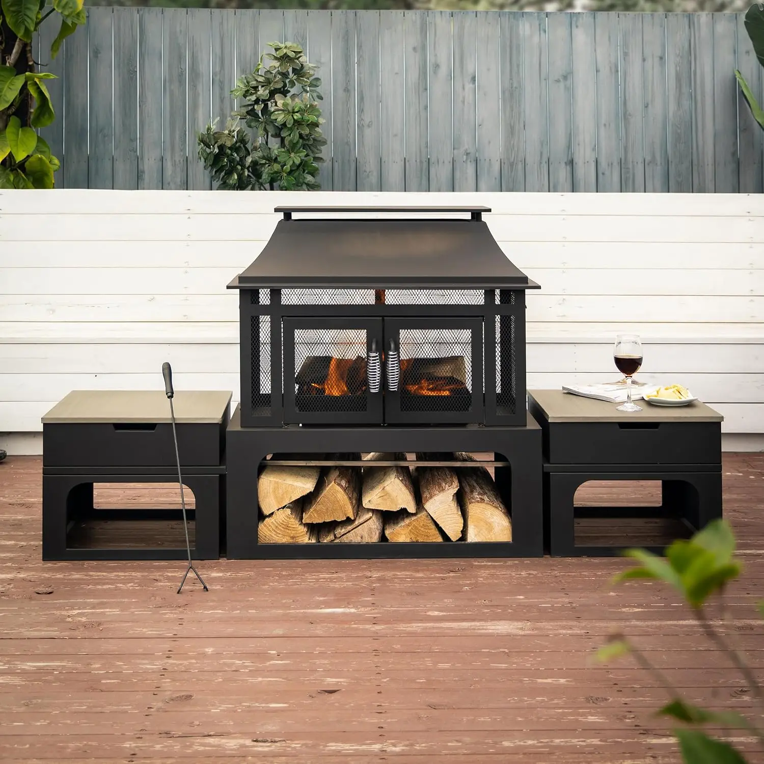 70 Inch Rectangular Outdoor Steel Woodburning Fireplace with Side Tables Integrated Log Storage and Log Poker