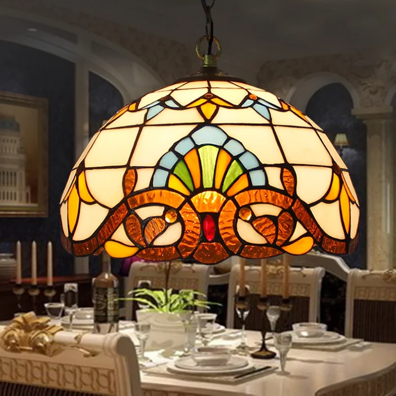 Tiffany Glass Pendant Light for Restaurant Cafe Bar Hanging Lamp Ceiling Chandeliers Kitchen Dining Room Peacock Country Loft