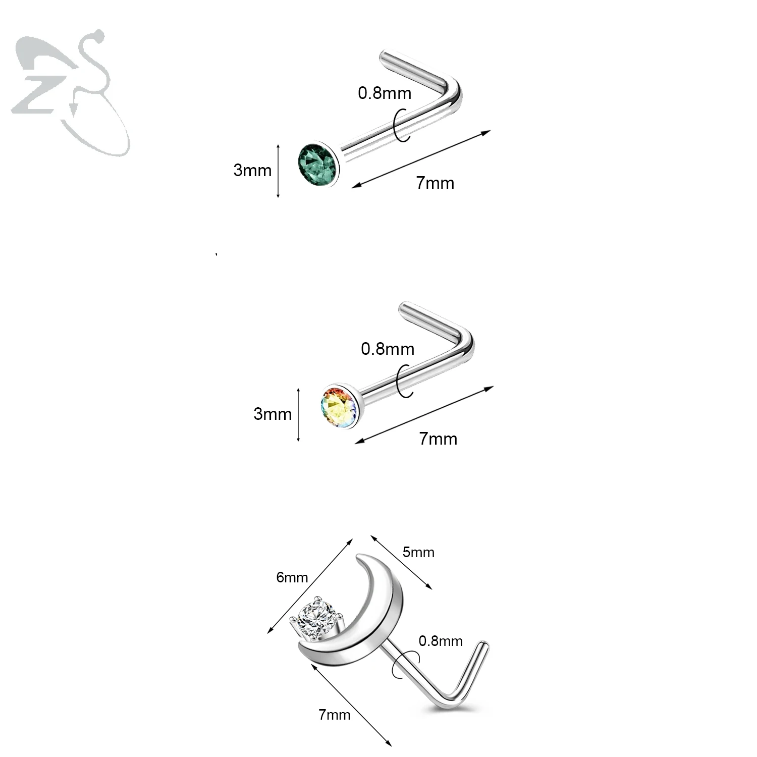 3pcs Stainless Steel Nose Stud Set with Crystals