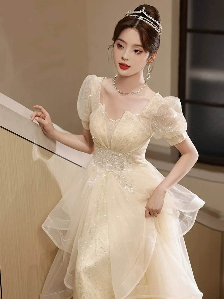 

Champagne Colored Evening Gown Women's High-End Luxury Host High School Student Day Adult Ceremony Performance Banquet Daily