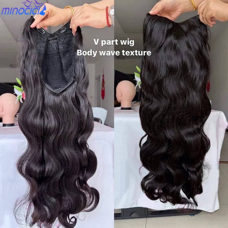 V Part Wigs Human Hair Brazilian Body Wave Human Hair Wigs No Leave Out No Sew Glueless 250 Density Natural Black 30In For Women
