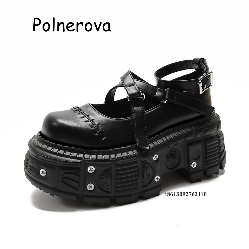 Rivetto décolleté con suola spessa cinturino anteriore incrociato scarpe da donna Punk punta quadrata Millennium Spice Girls Vintage Mary Jane Shoes