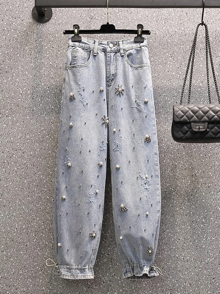 High Waist Fashion Women Jeans Summer Loose Pearls Patchwork Korean Style Solid Color All-Match Casual Cozy Vintage Trousers