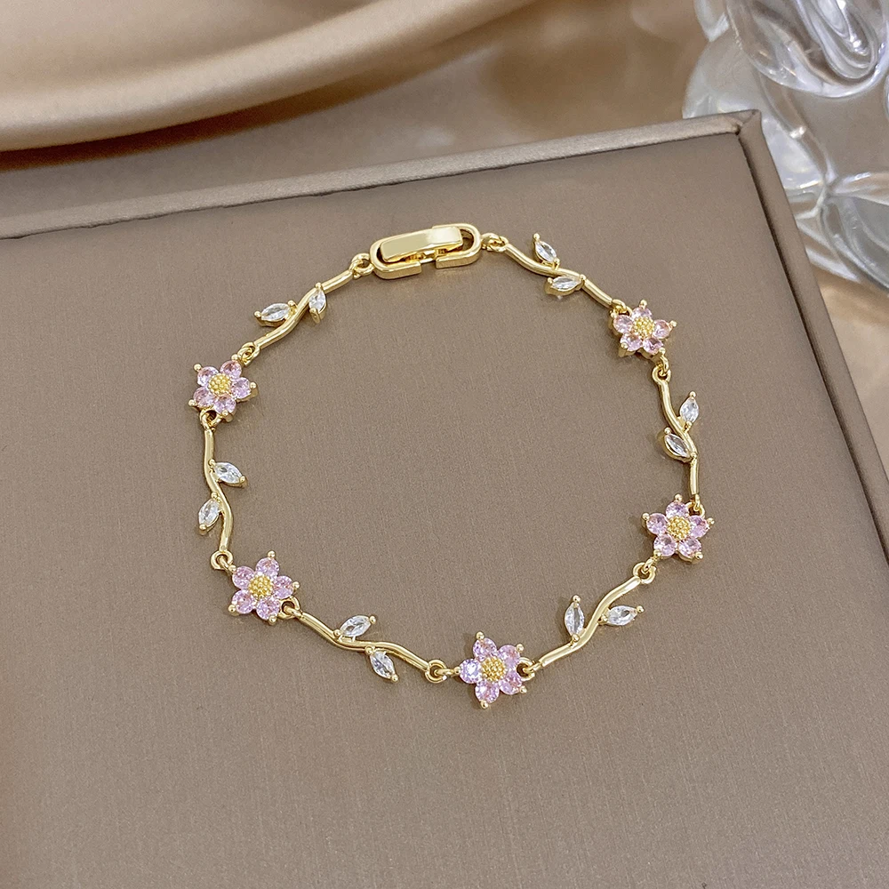 Elegant Shiny Pink Zirconia Flower Pendant Necklace Bracelet for Women Luxury Gold Plated Choker Bangle Wedding Jewelry Set Gift