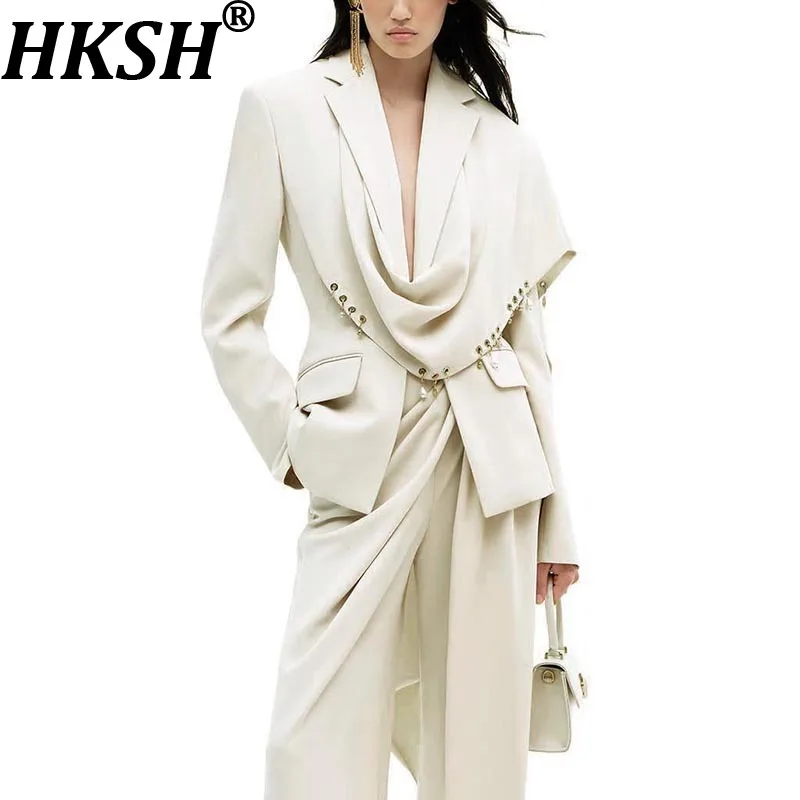 HKSH 2026 Spring Autumn New Women Blazer Niche Design Metal Ring Spliced Long Sleeves Shawl Elegant Temperament Ins Coat HK18054
